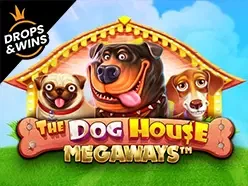 Okładka automatu The Dog House Megaways z psami przed budą