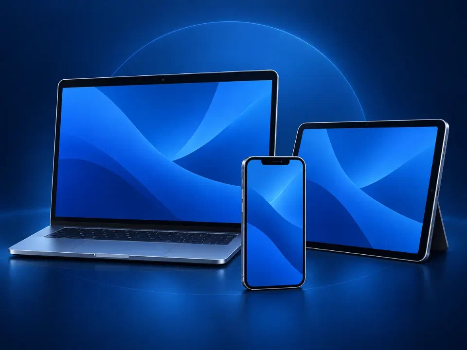 Ilustracja laptopa, tabletu i telefonu z neutralnymi ekranami